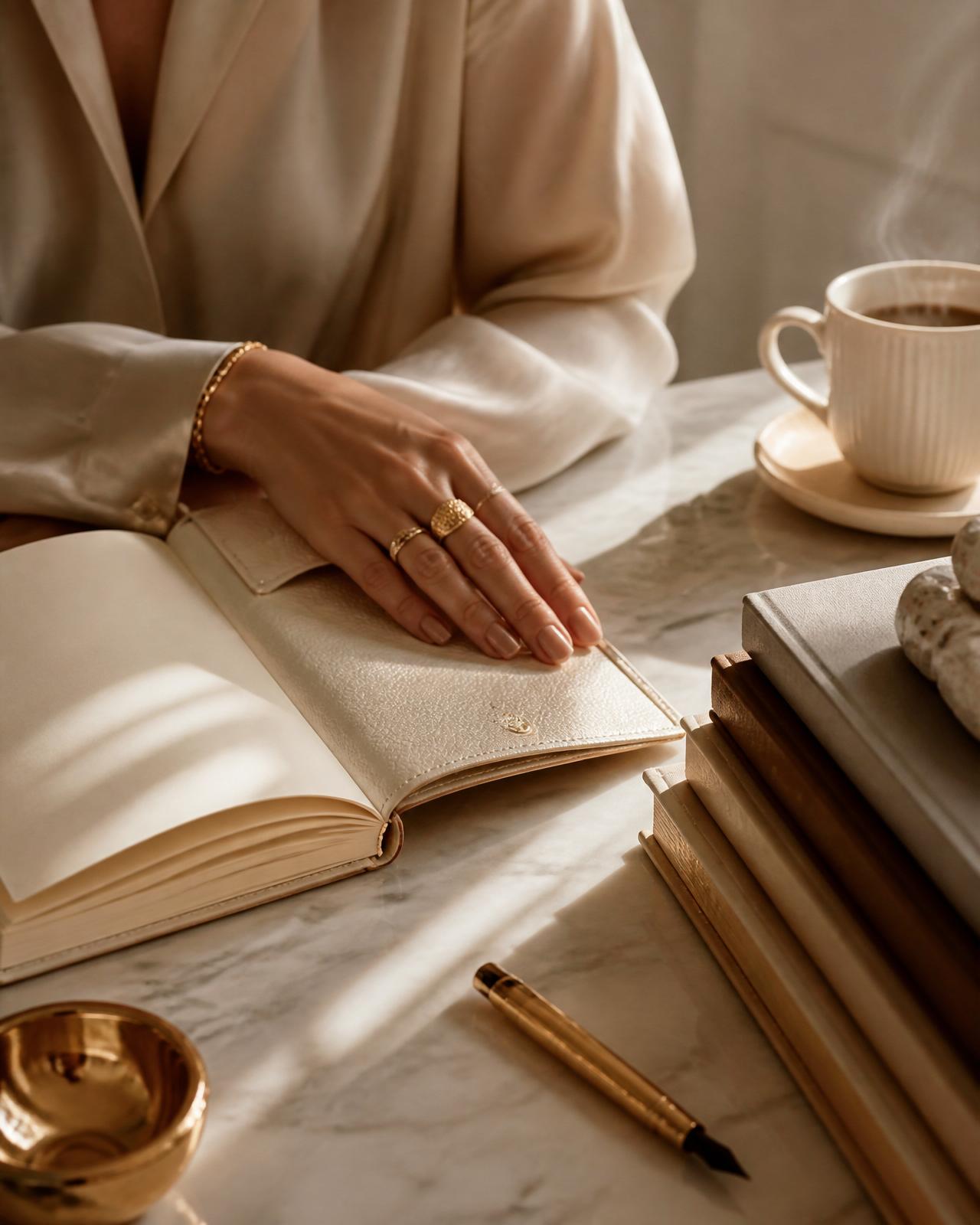 Mani di una donna che scrive su un diario in pelle color crema, accanto a una penna dorata e a libri impilati nella luce calda del mattino